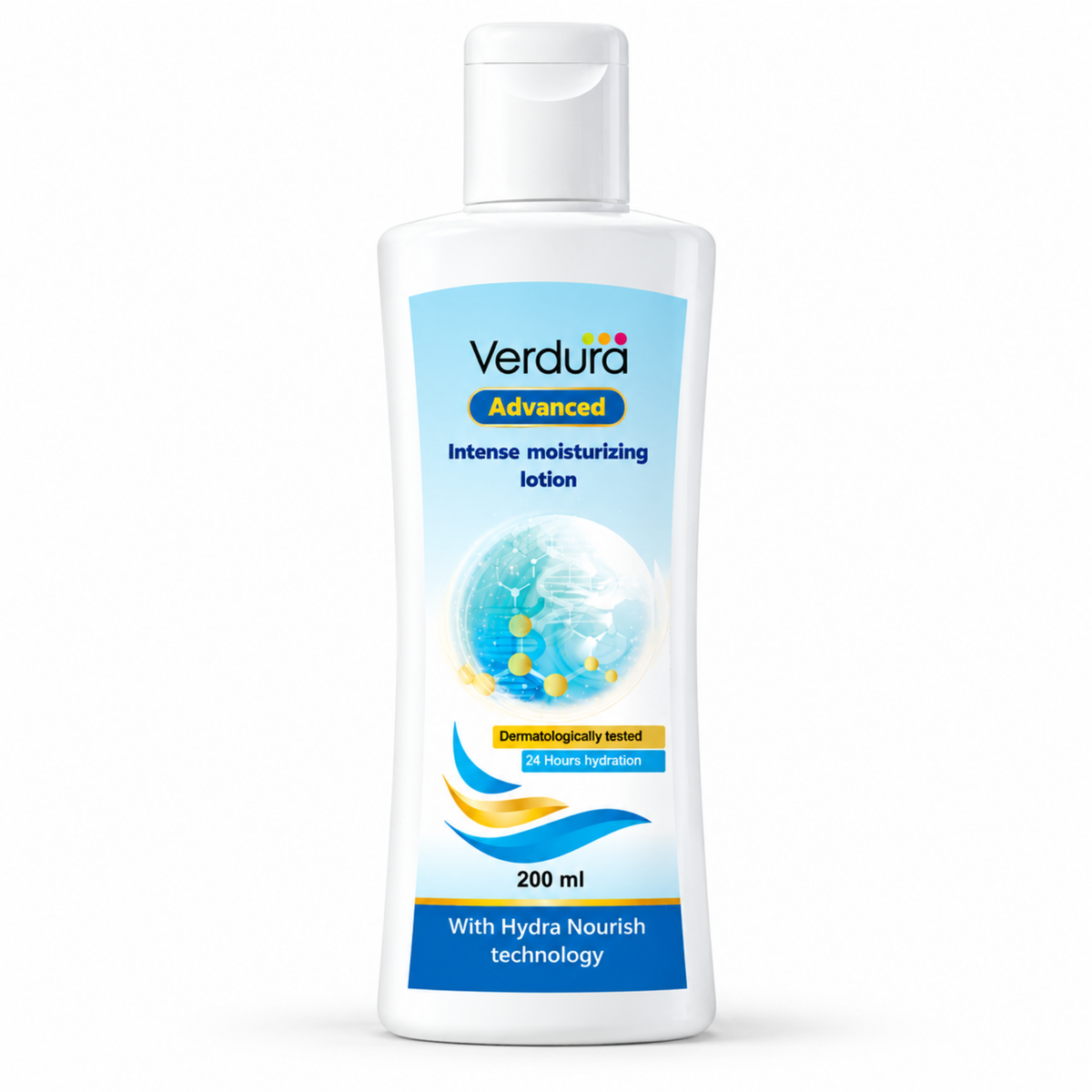 A 200 ml bottle of Verdura Advanced Intense Moisturizing Lotion on a clean white background. The bottle is white with a blue and yellow label featuring a water droplet graphic.