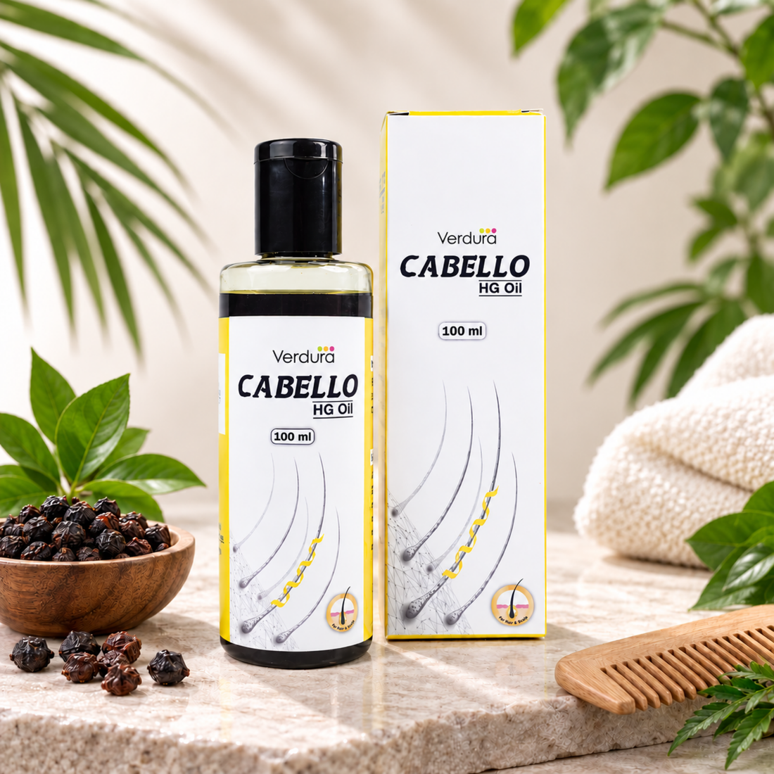 Verdura Cabello HG Oil 100ml with natural seeds on marble table, for hair and scalp