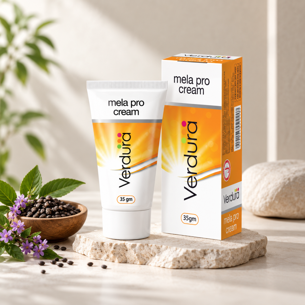 Verdura Mela Pro Cream 35gm with black pepper seeds and purple flowers on stone surface