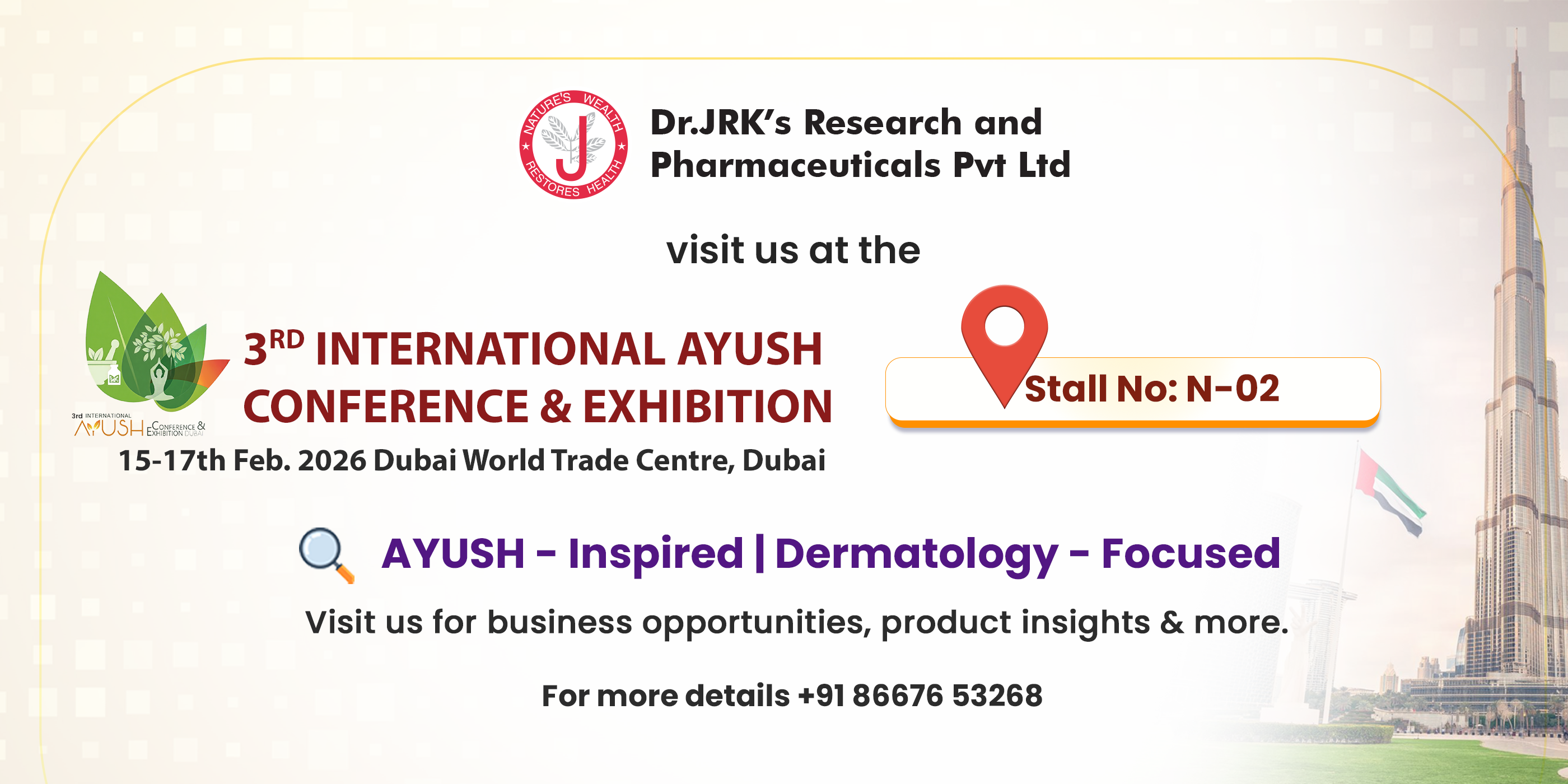 Advertisement for Dr. JK's Research and Pharmaceuticals Pvt Ltd at the 3rd International Ayush Conference & Exhibition in Dubai.