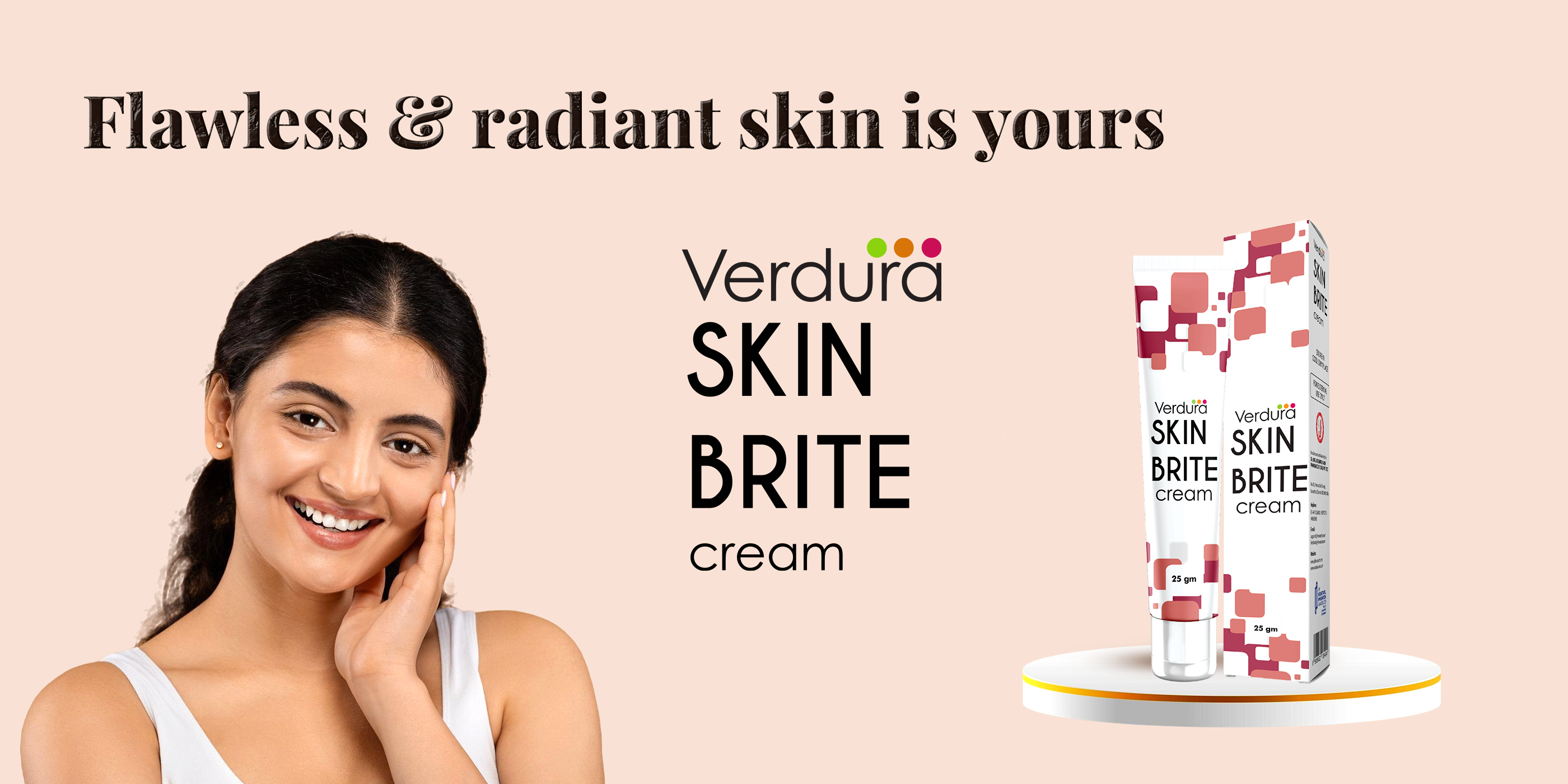 A smiling woman with clean skin appears on the left beside the product packaging and tube for Verdura Skin Brite cream on a pale peach background. Large text reads 'Flawless & radiant skin is yours' and 'Verdura SKIN BRITE cream.