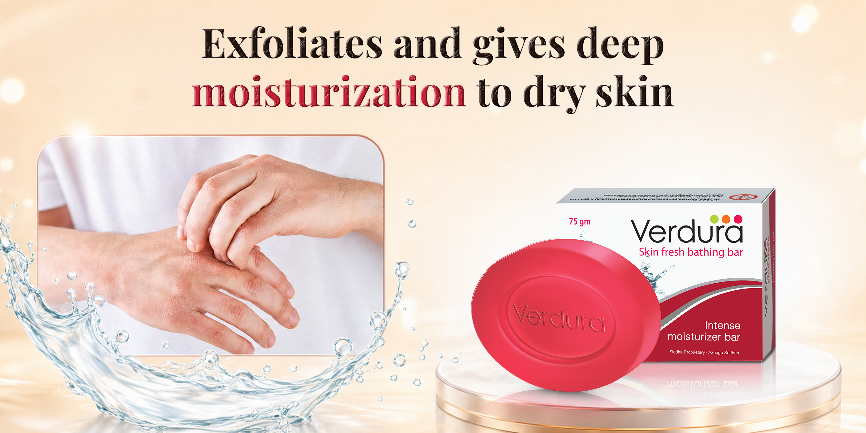 Verdura Skin Fresh Bar and Intense Moisturizer Bar 75gm - exfoliates and deeply moisturizes dry skin, shown with hands massaging soap lather