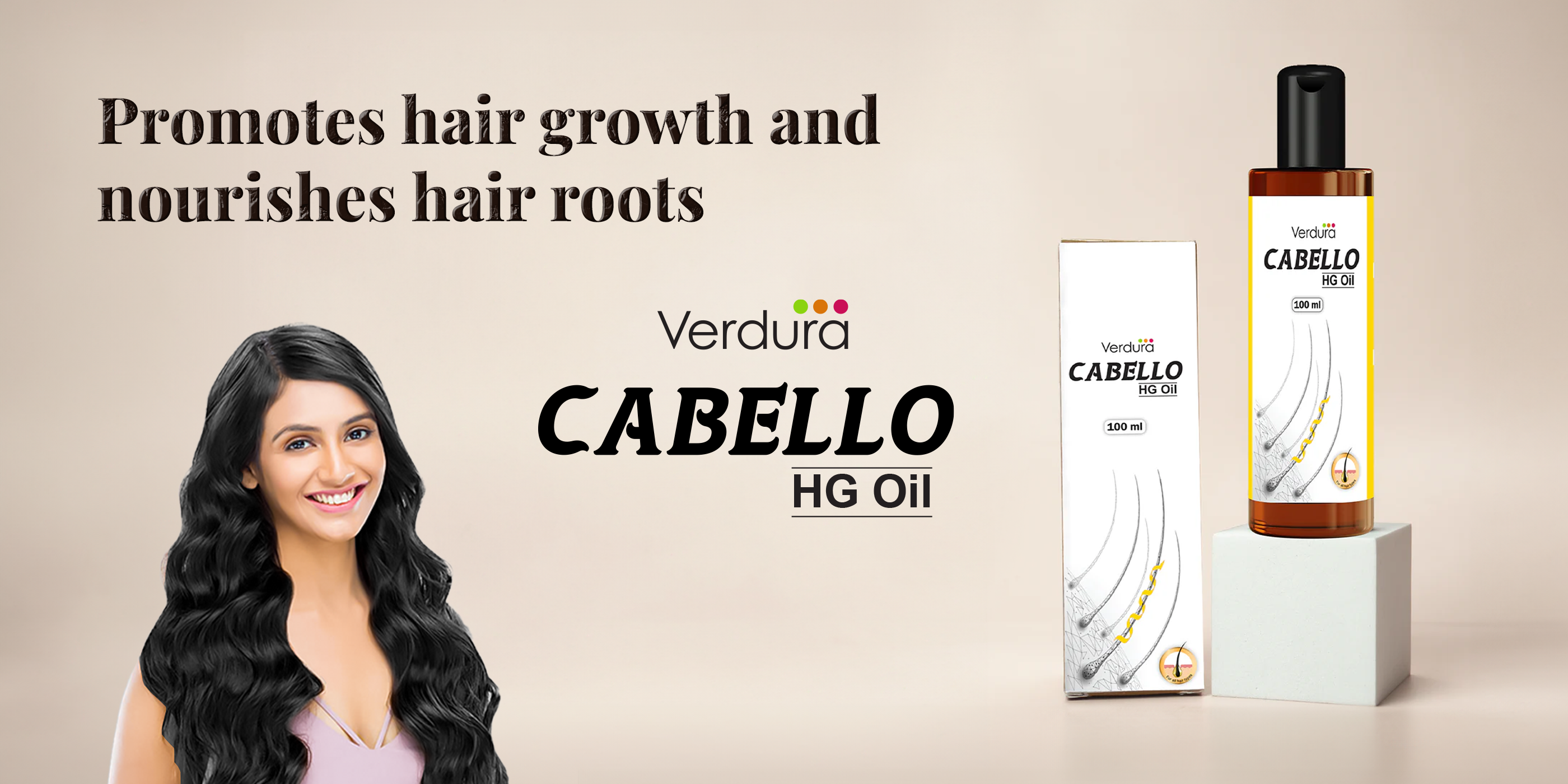 Verdura Cabello HG Oil - hair oil for growth and anti hair fall oil for men and women, 100ml bottle with woman with long hair