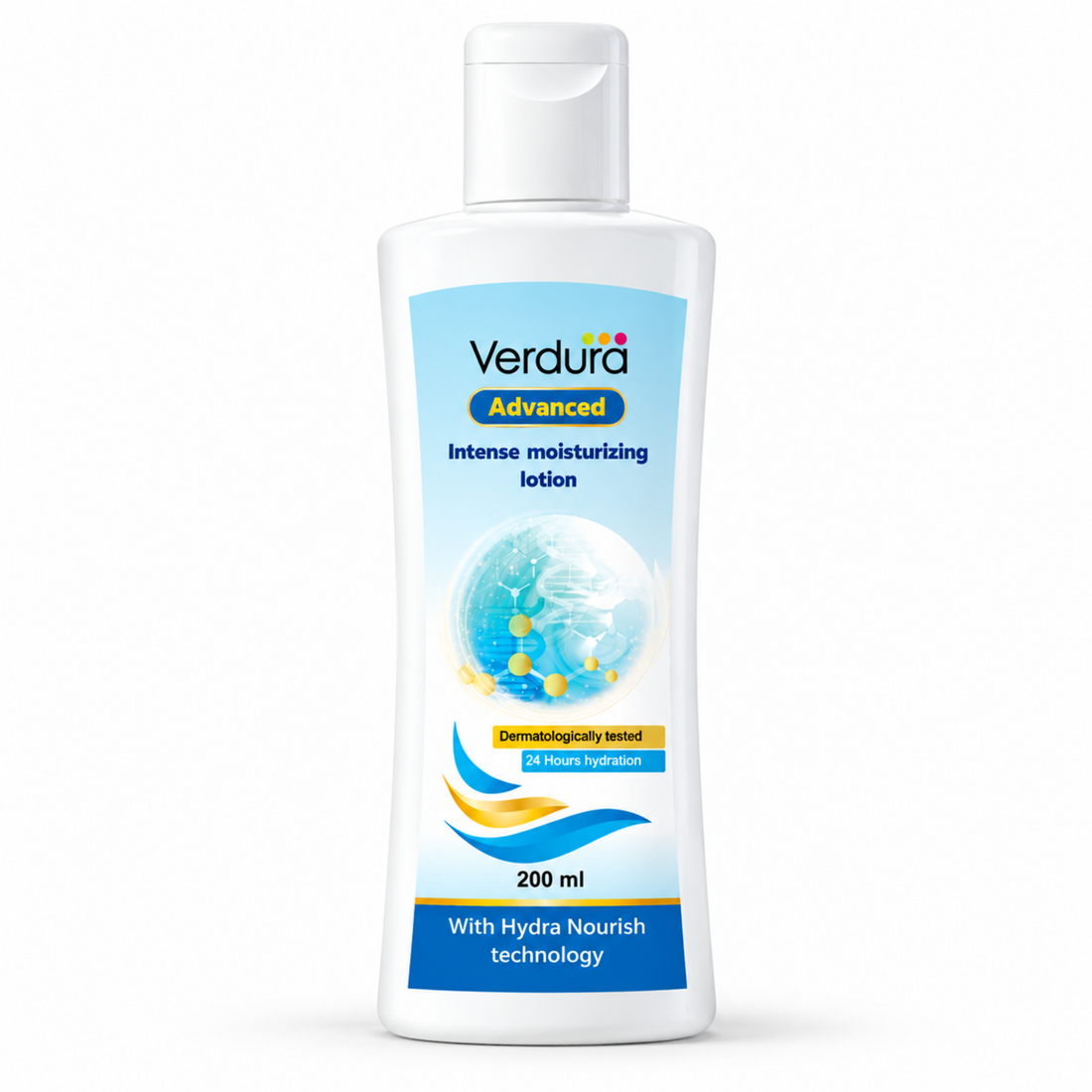 A 200 ml bottle of Verdura Advanced Intense Moisturizing Lotion on a clean white background. The bottle is white with a blue and yellow label featuring a water droplet graphic.