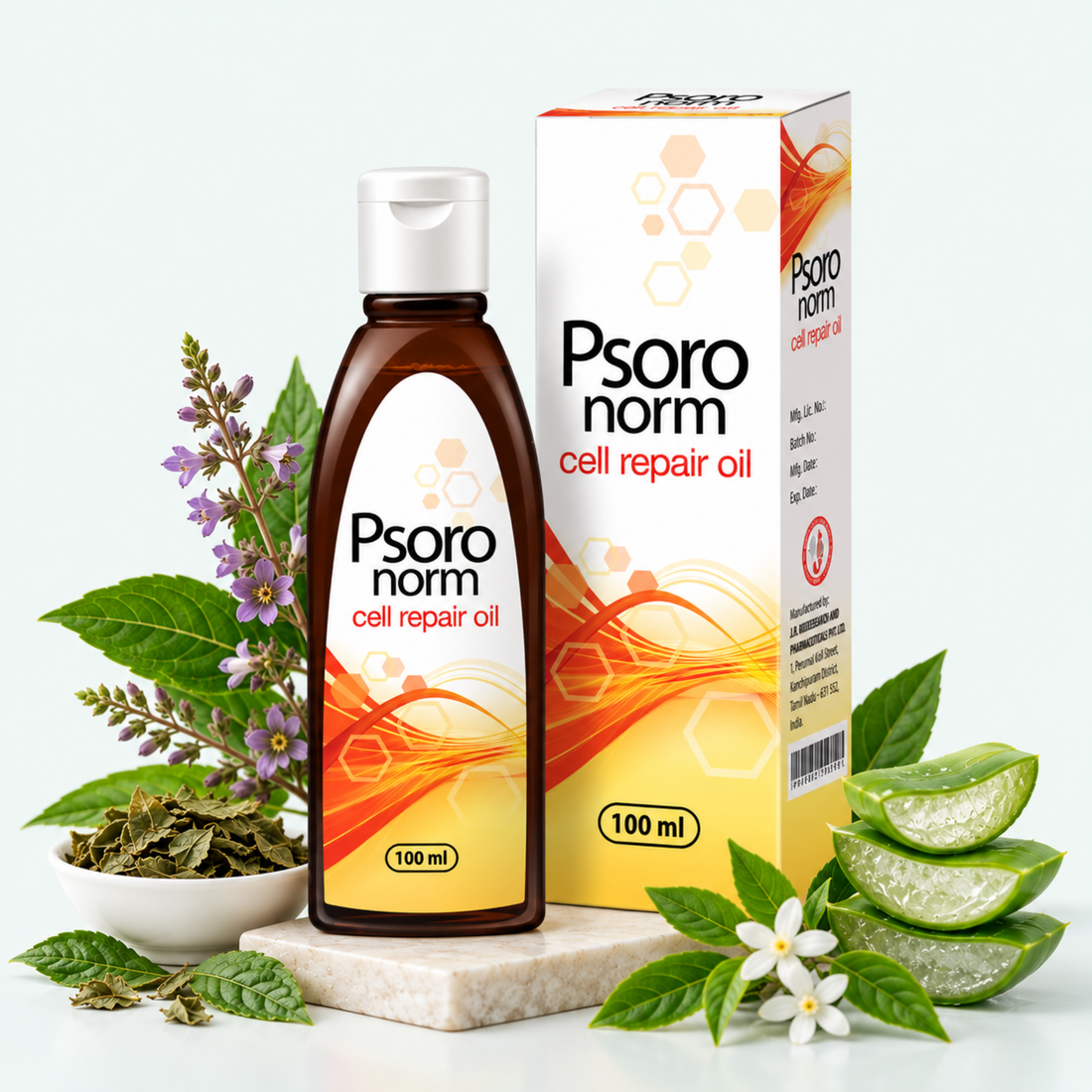 Psoro Norm Cell Repair Oil 100ml with dried herbs, aloe vera and flowers on marble surface
