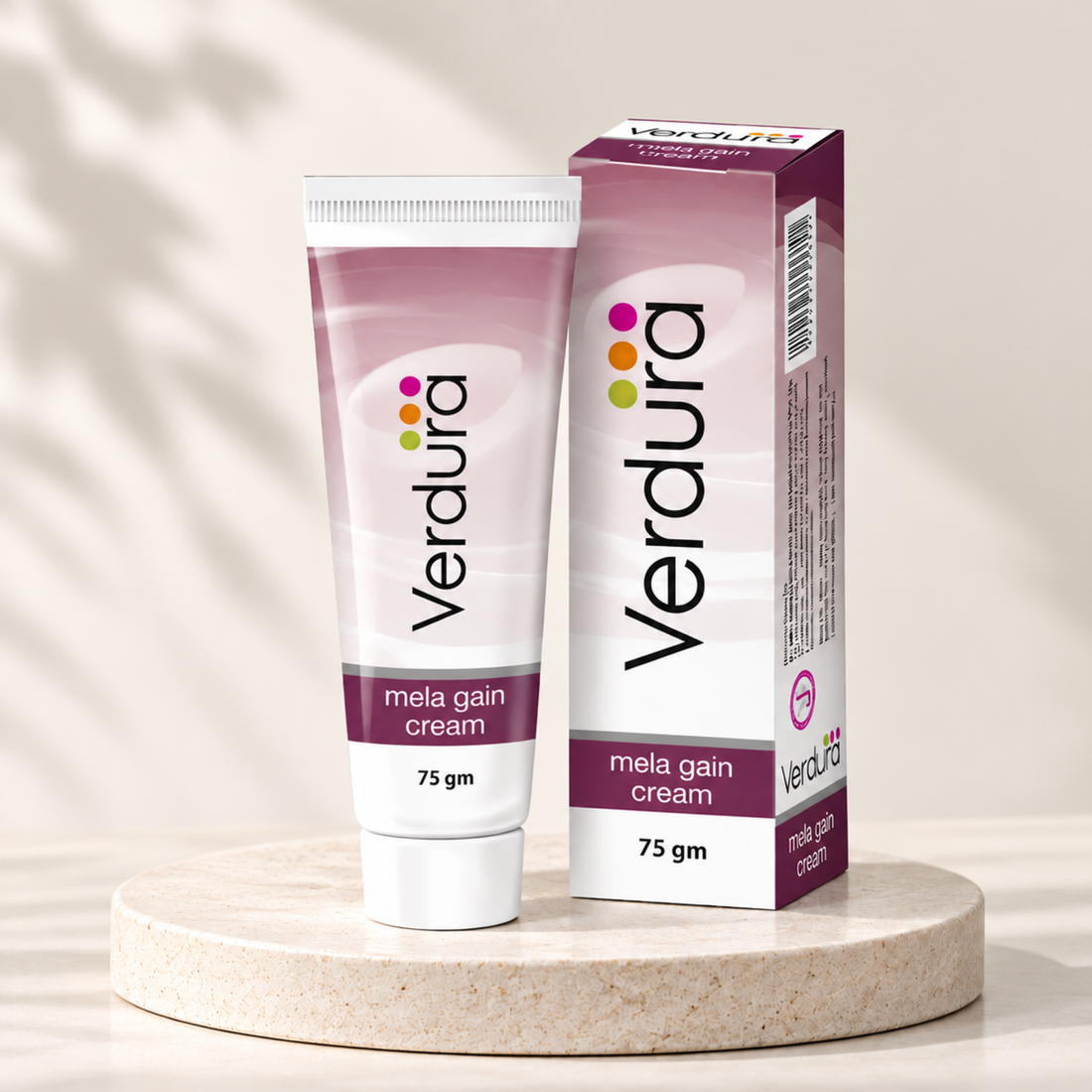 Verdura Mela Gain Cream 75gm on stone platform with soft shadow background