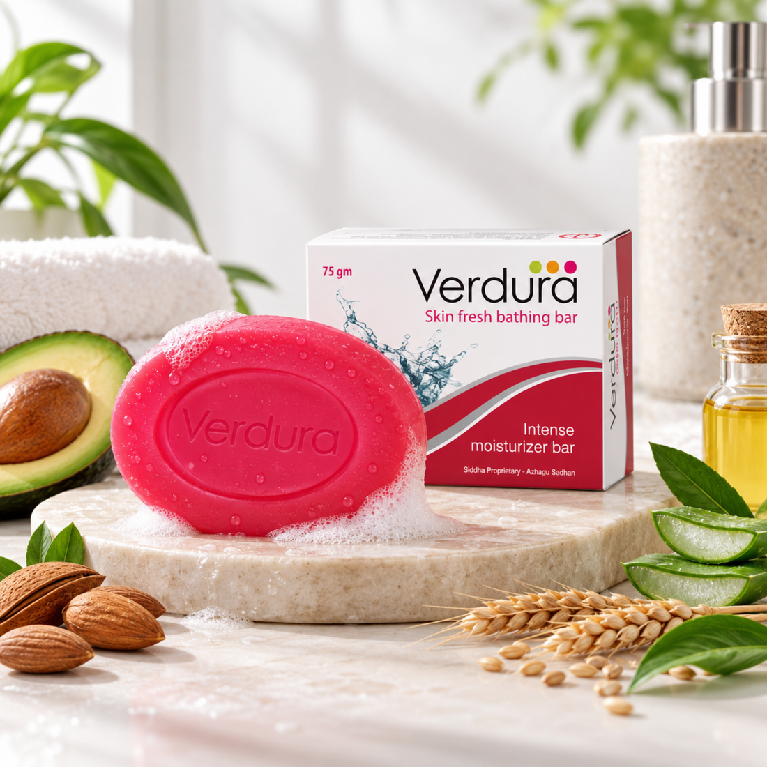 Verdura Skin Fresh Bar 75gm with lather, almonds, avocado and aloe vera on marble surface