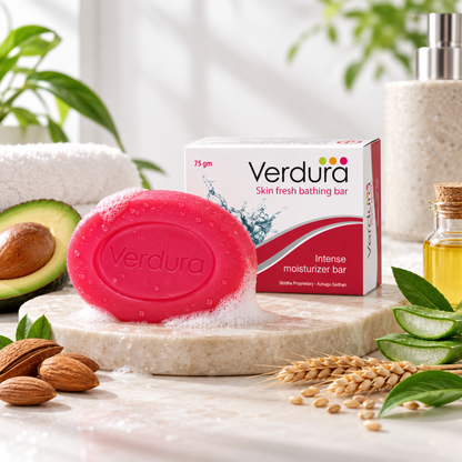 Verdura Skin Fresh Bar 75gm with lather, almonds, avocado and aloe vera on marble surface