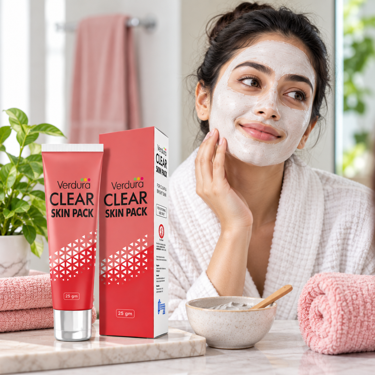 Verdura Clear Skin Pack 25gm with woman applying face mask for clear, bright skin in bathroom setting