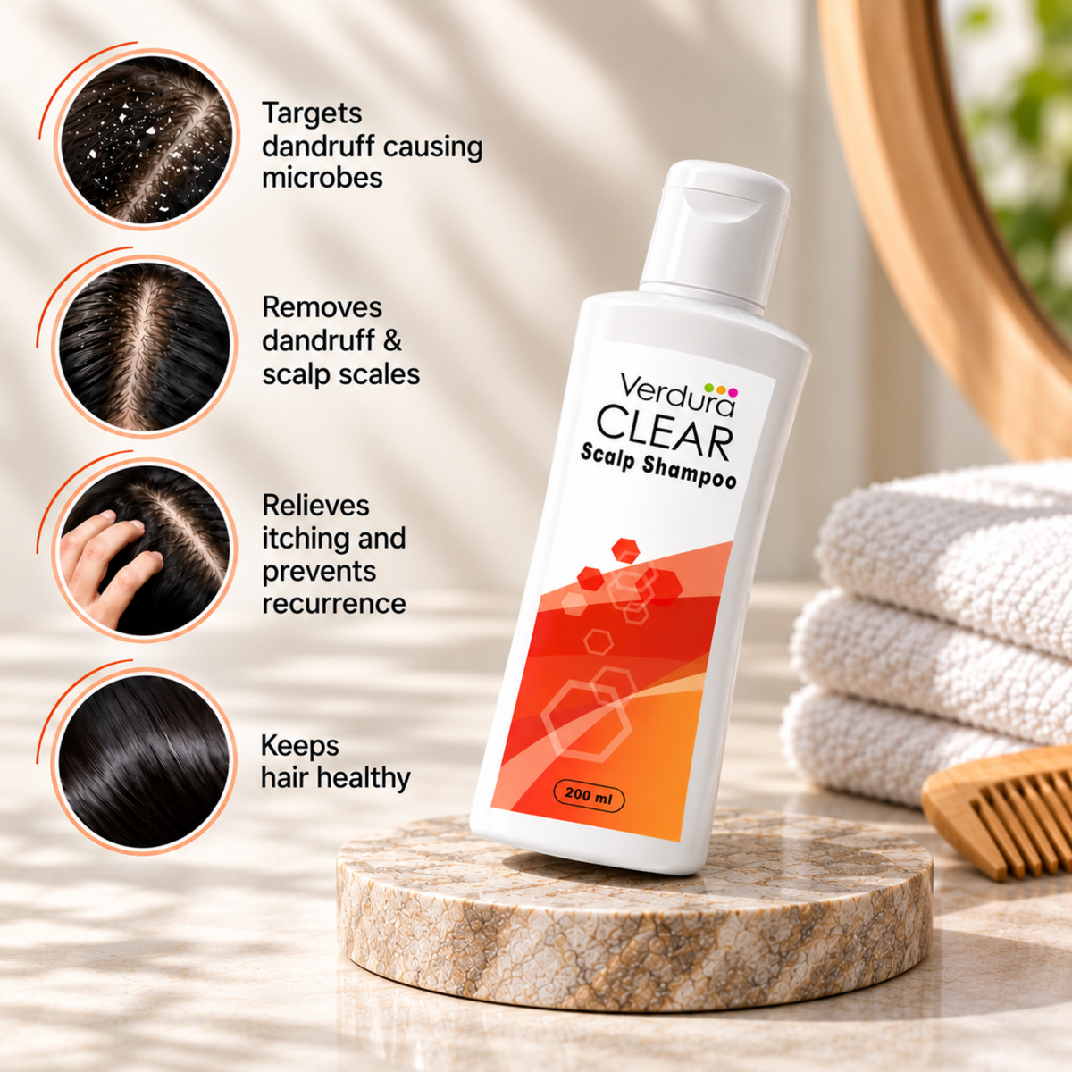 Verdura Clear Scalp Shampoo benefits - targets dandruff causing microbes, removes dandruff and scalp scales, relieves itching, keeps hair healthy