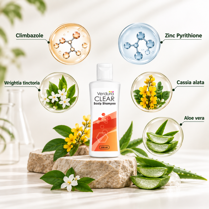 Verdura Clear Scalp Shampoo ingredients - Climbazole, Zinc Pyrithione, Wrightia tinctoria, Cassia alata, Aloe vera