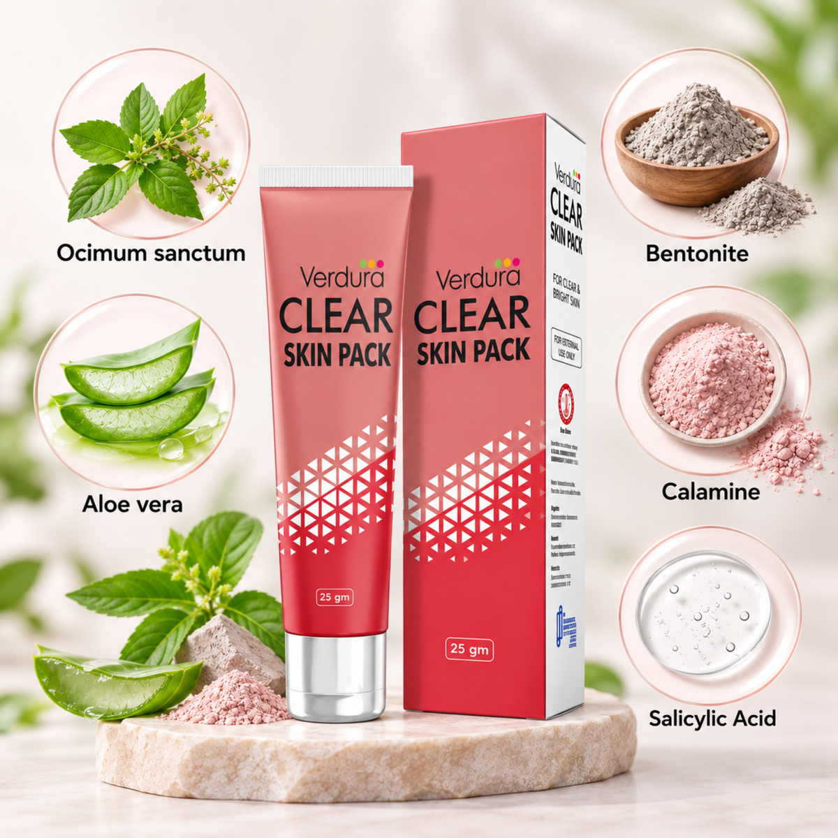 Verdura Clear Skin Pack ingredients - Ocimum sanctum, aloe vera, bentonite, calamine, and salicylic acid for clear skin