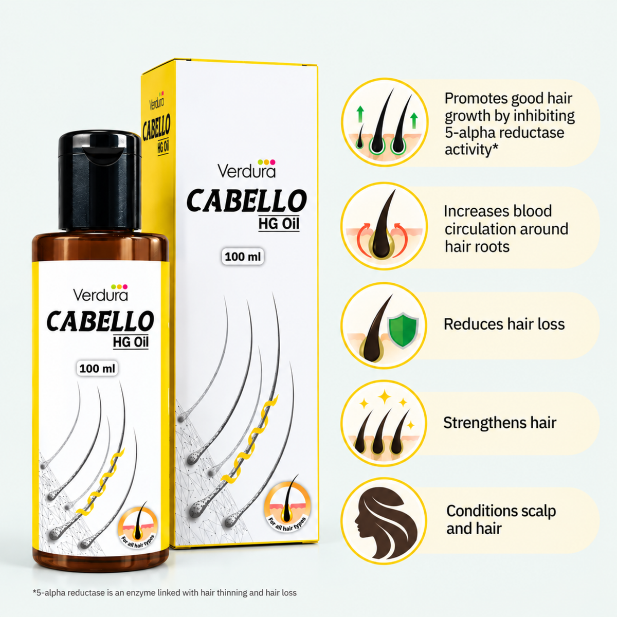 Verdura Cabello HG Oil benefits - promotes hair growth, increases blood circulation, reduces hair loss, strengthens hair, conditions scalp and hair
