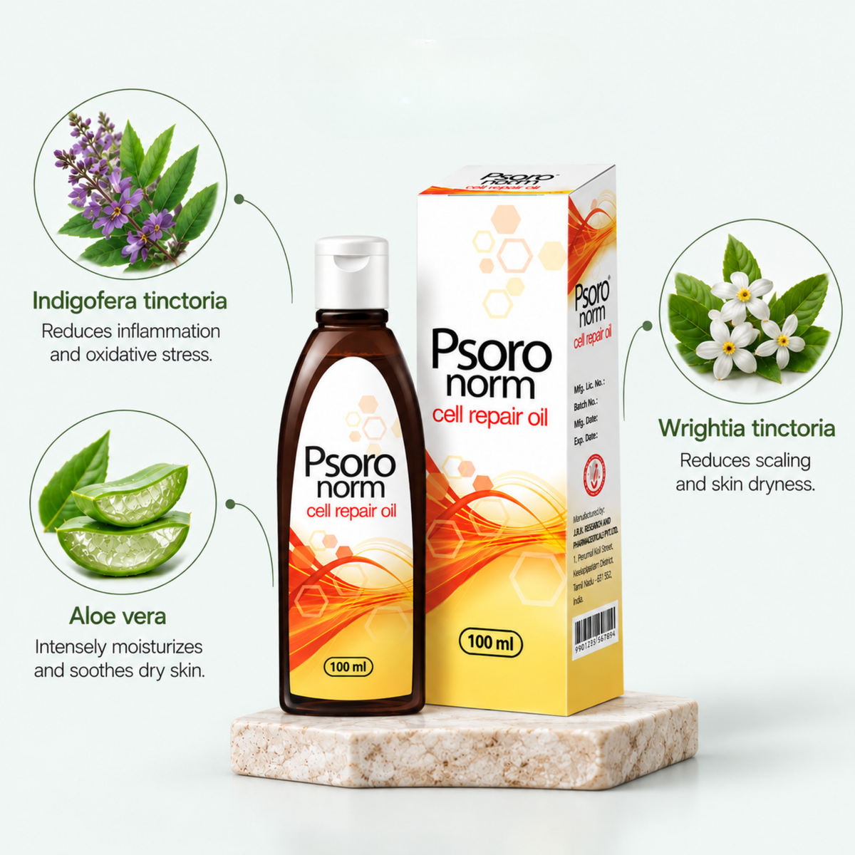 Psoro Norm Cell Repair Oil ingredients - Indigofera tinctoria, Aloe vera, Wrightia tinctoria for reducing inflammation and dryness