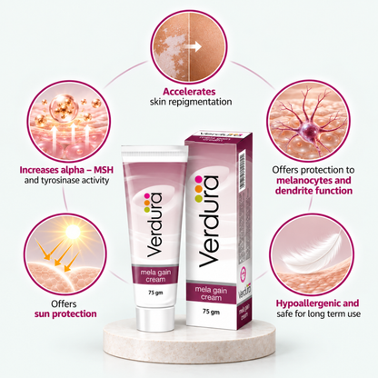 Verdura Mela Gain Cream benefits - accelerates skin repigmentation, increases alpha-MSH and tyrosinase activity, offers sun protection, protects melanocytes and dendrite function, hypoallergenic