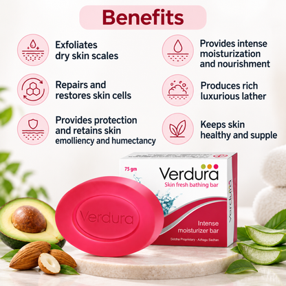 Verdura Skin Fresh Bar benefits - exfoliates dry skin scales, provides intense moisturization, repairs skin cells, produces rich lather, keeps skin healthy