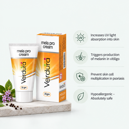 Verdura Mela Pro Cream benefits - increases UV light absorption, triggers melanin production in vitiligo, prevents skin cell multiplication in psoriasis, hypoallergenic