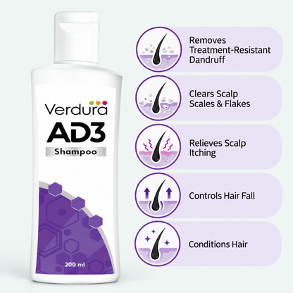 Verdura AD3 Shampoo benefits - removes treatment-resistant dandruff, clears scalp scales and flakes, relieves scalp itching, controls hair fall, conditions hair