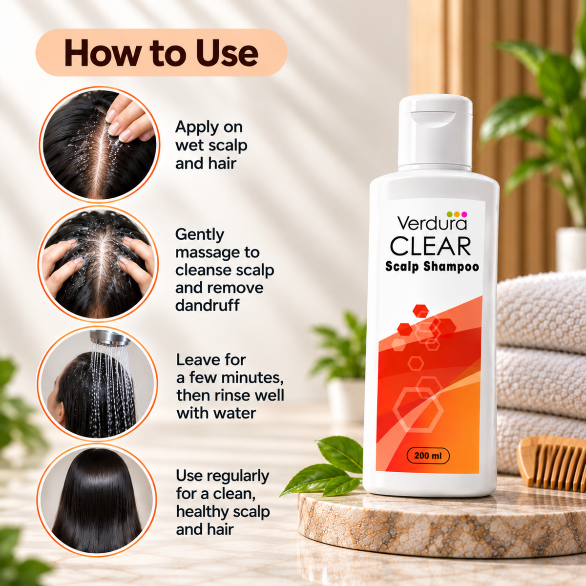 How to use Verdura Clear Scalp Shampoo - apply on wet scalp, massage to cleanse, rinse with water, use regularly