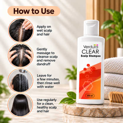 How to use Verdura Clear Scalp Shampoo - apply on wet scalp, massage to cleanse, rinse with water, use regularly
