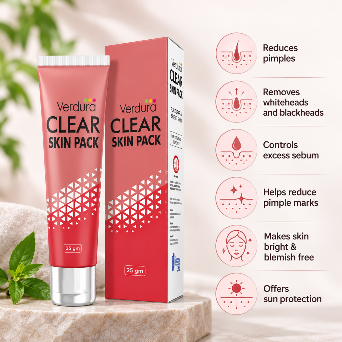 Verdura Clear Skin Pack benefits - reduces pimples, removes whiteheads and blackheads, controls excess sebum, reduces pimple marks, brightens skin, offers sun protection