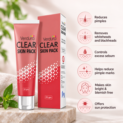 Verdura Clear Skin Pack benefits - reduces pimples, removes whiteheads and blackheads, controls excess sebum, reduces pimple marks, brightens skin, offers sun protection