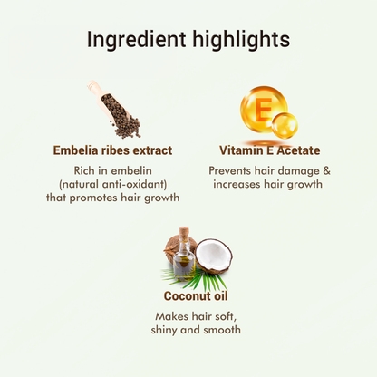 Verdura Cabello HG Oil ingredients - Embelia ribes extract, Vitamin E Acetate, coconut oil for hair growth and shine