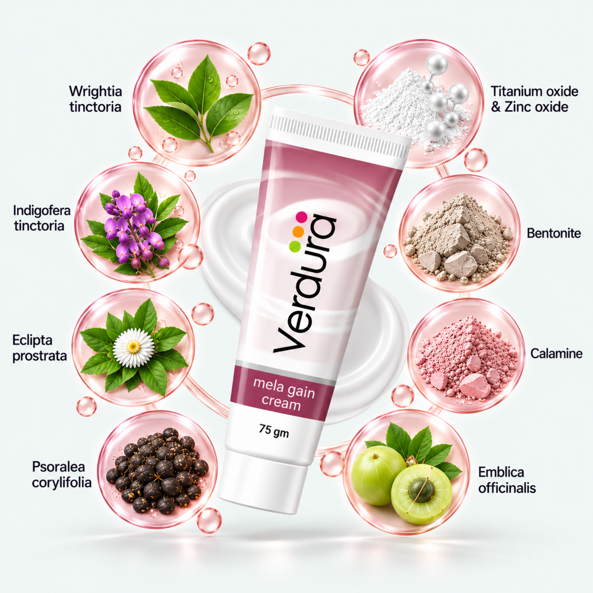 Verdura Mela Gain Cream ingredients - Wrightia tinctoria, Indigofera tinctoria, Eclipta prostrata, Psoralea corylifolia, Titanium oxide, Zinc oxide, Bentonite, Calamine, Emblica officinalis