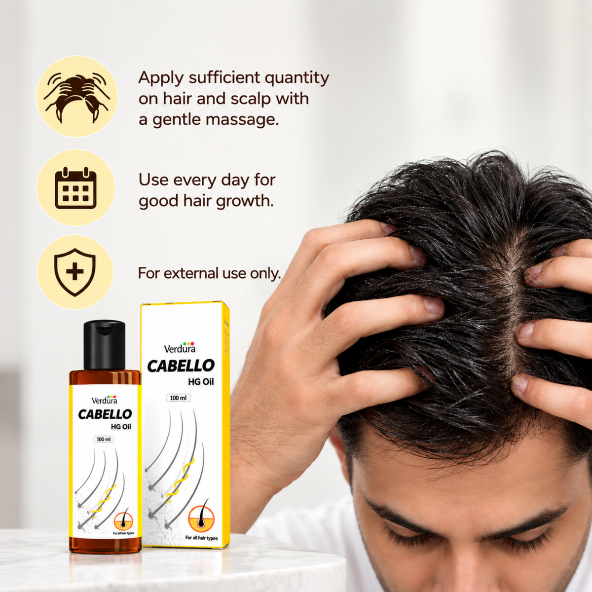 How to use Verdura Cabello HG Oil - apply on hair and scalp with gentle massage, use daily for hair growth, man massaging scalp
