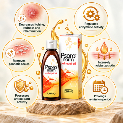 Psoro Norm Cell Repair Oil benefits - decreases itching, redness and inflammation, removes psoriatic scales, regulates enzymatic activity, intensely moisturizes skin, prolongs remission period