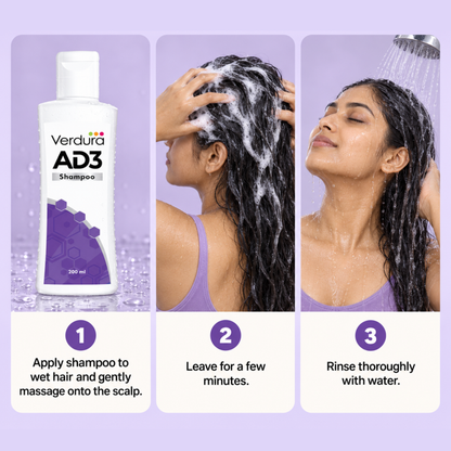 How to use Verdura AD3 Shampoo - apply to wet hair, massage scalp, leave a few minutes, rinse thoroughly with water