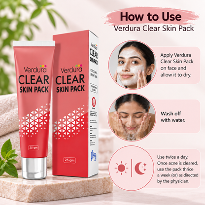 How to use Verdura Clear Skin Pack - apply on face and let dry, wash off with water, use twice daily
