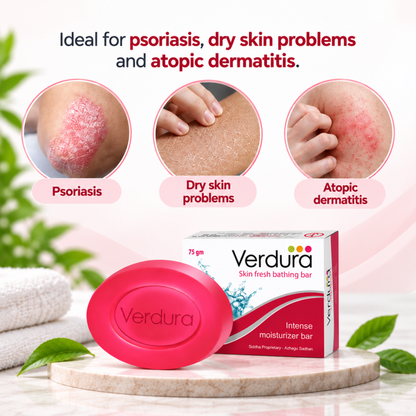 Verdura Skin Fresh Bar - ideal for psoriasis, dry skin problems and atopic dermatitis, with close-up images of affected skin
