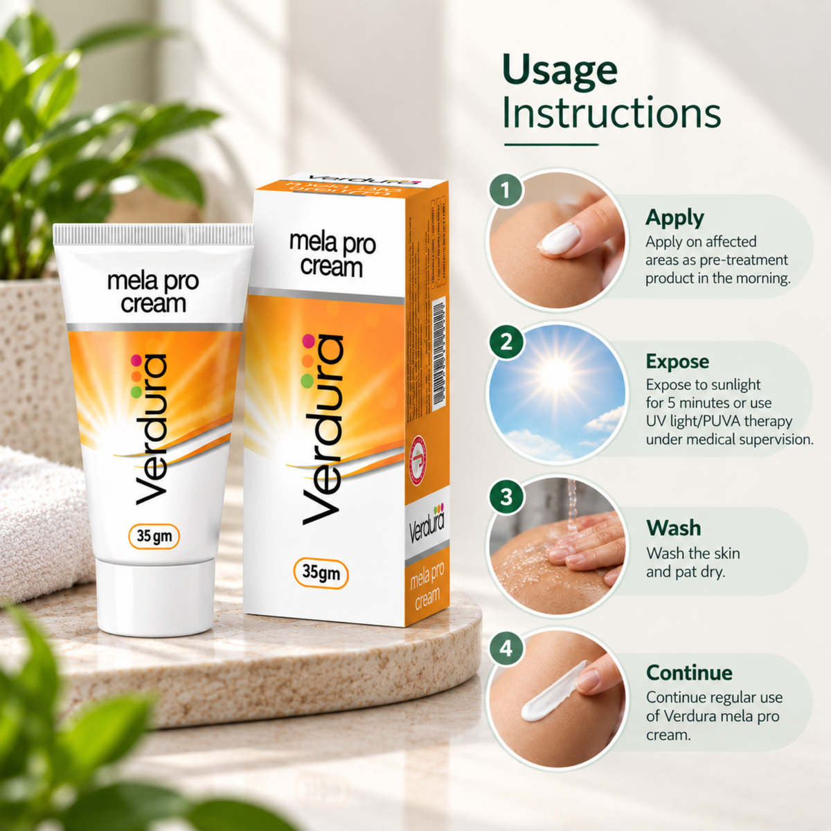 How to use Verdura Mela Pro Cream - apply on affected areas, expose to sunlight or UV/PUVA therapy under medical supervision, wash and pat dry, continue regular use