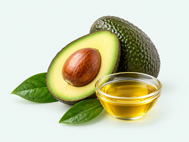 A fresh avocado split open with its pit exposed, a whole avocado, green leaves, and a small clear glass bowl filled with golden yellow avocado oil, arranged on a clean white background.