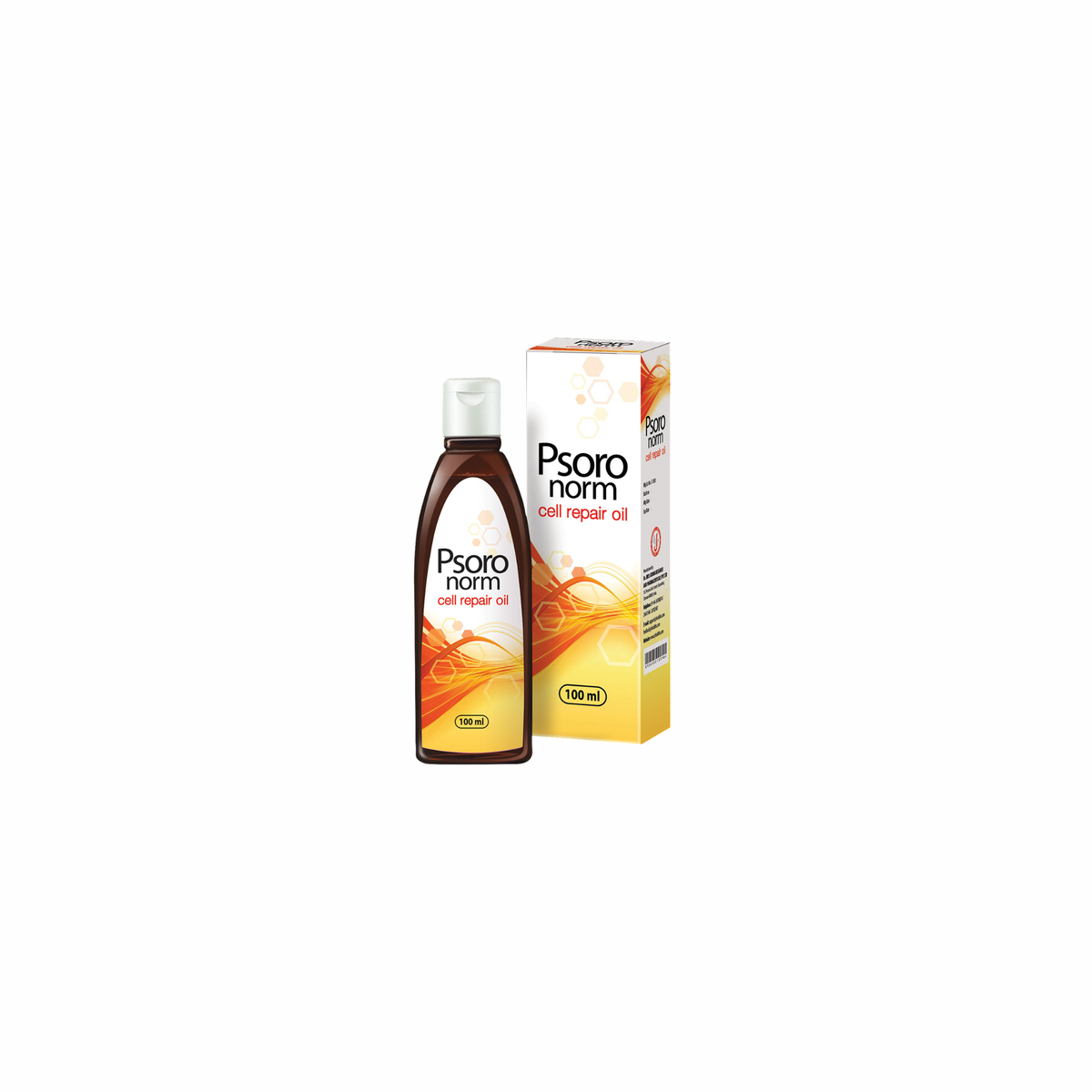 Psoro Norm Cell Repair Oil 100ml bottle next to its yellow and white packaging box, shown on a plain white background.