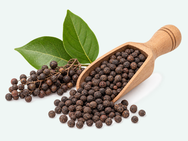 Black pepper spilling from a light wood scoop, with two green pepper leaves on a clean white background.