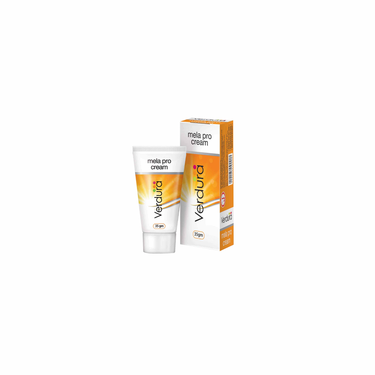 A white tube and matching box of Verdura Mela Pro Cream, featuring orange and white packaging on a solid white background.