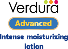 Verdura Advanced Intense Moisturizing Lotion logo on a white background, featuring the brand name 'Verdura' with green, orange, and pink dots, a blue badge with 'Advanced' in yellow, and the text 'Intense moisturizing lotion' below.
