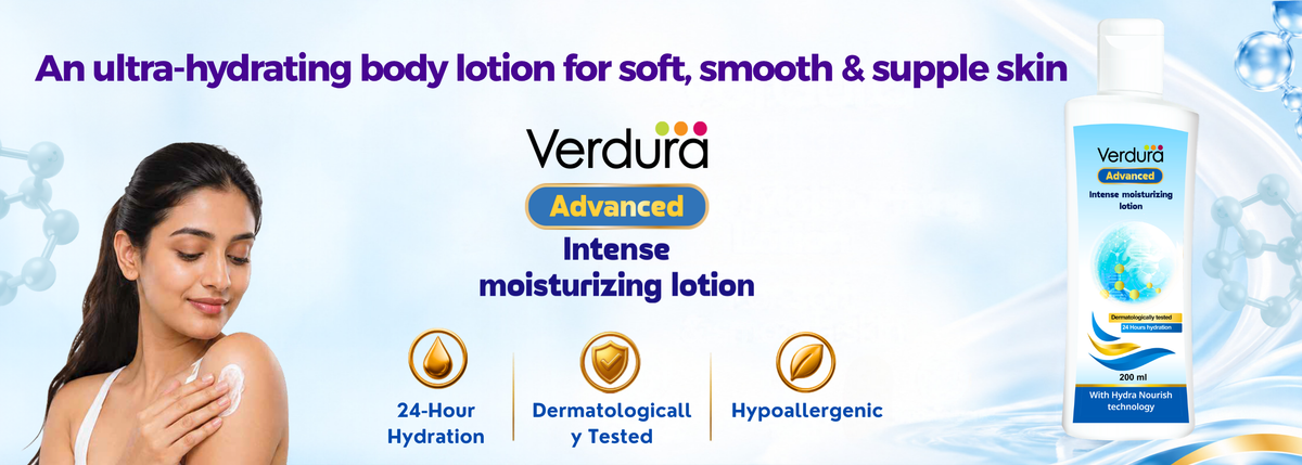 Verdura Advanced Intense Moisturizing Lotion advertisement featuring a woman applying lotion, a bottle of the product on the right, and text highlighting hydration, dermatological testing, and hypoallergenic properties.