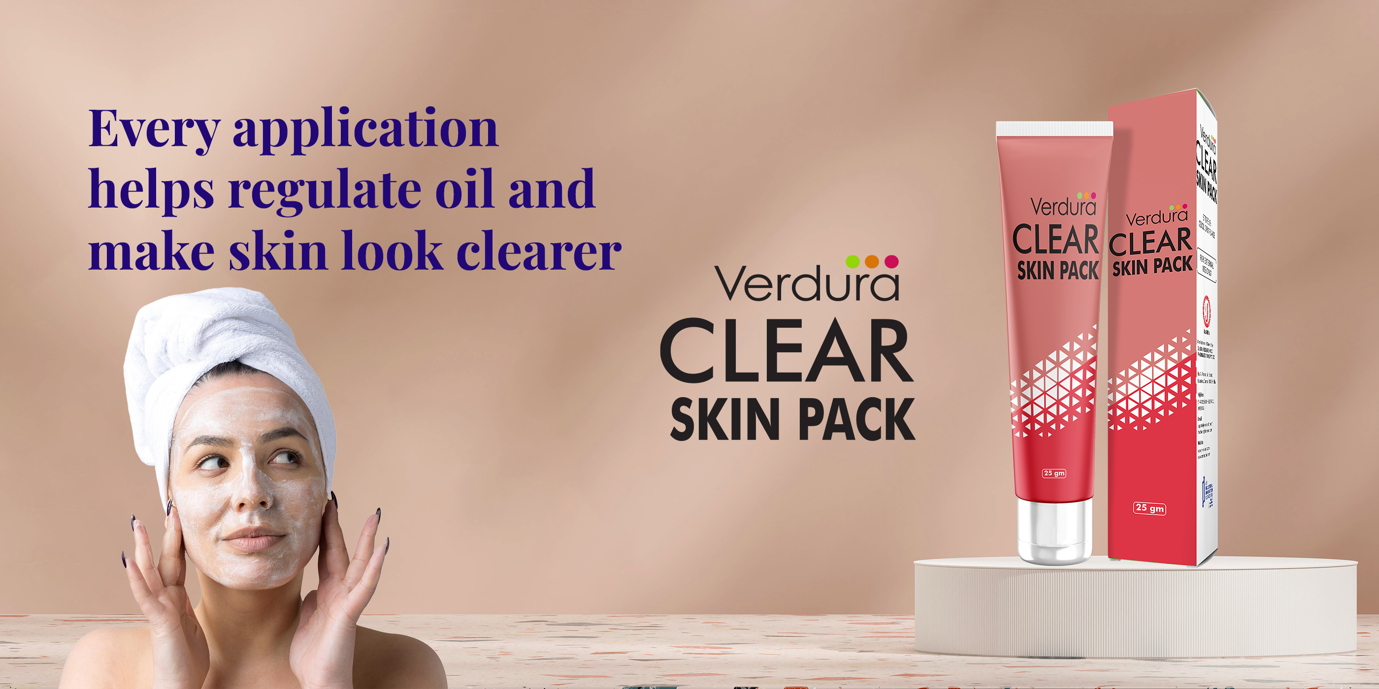 Verdura Clear Skin Pack with a woman applying cream and text on a beige background | best face pack 