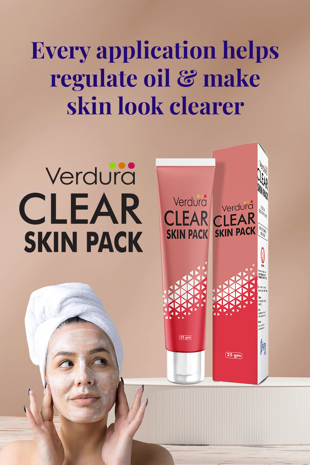 Verdura Clear Skin Pack with a woman applying cream and text on a beige background | best face pack 