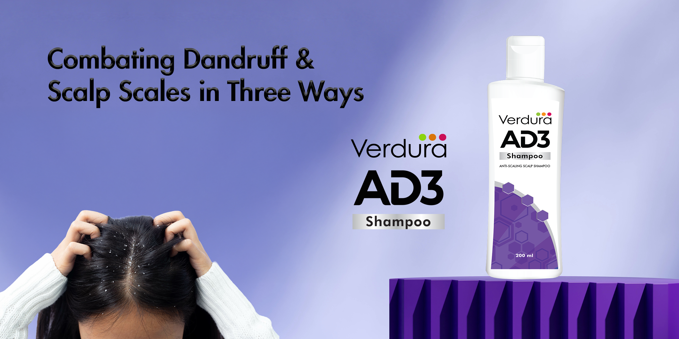 Verdura AD3 Shampoo bottle with a person combing their hair against a purple background | Best anti dandruff shampoo