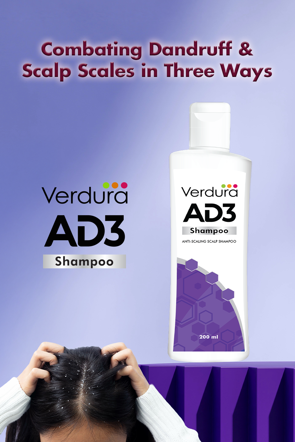 Verdura AD3 Shampoo bottle with a person combing their hair against a purple background | Best anti dandruff shampoo