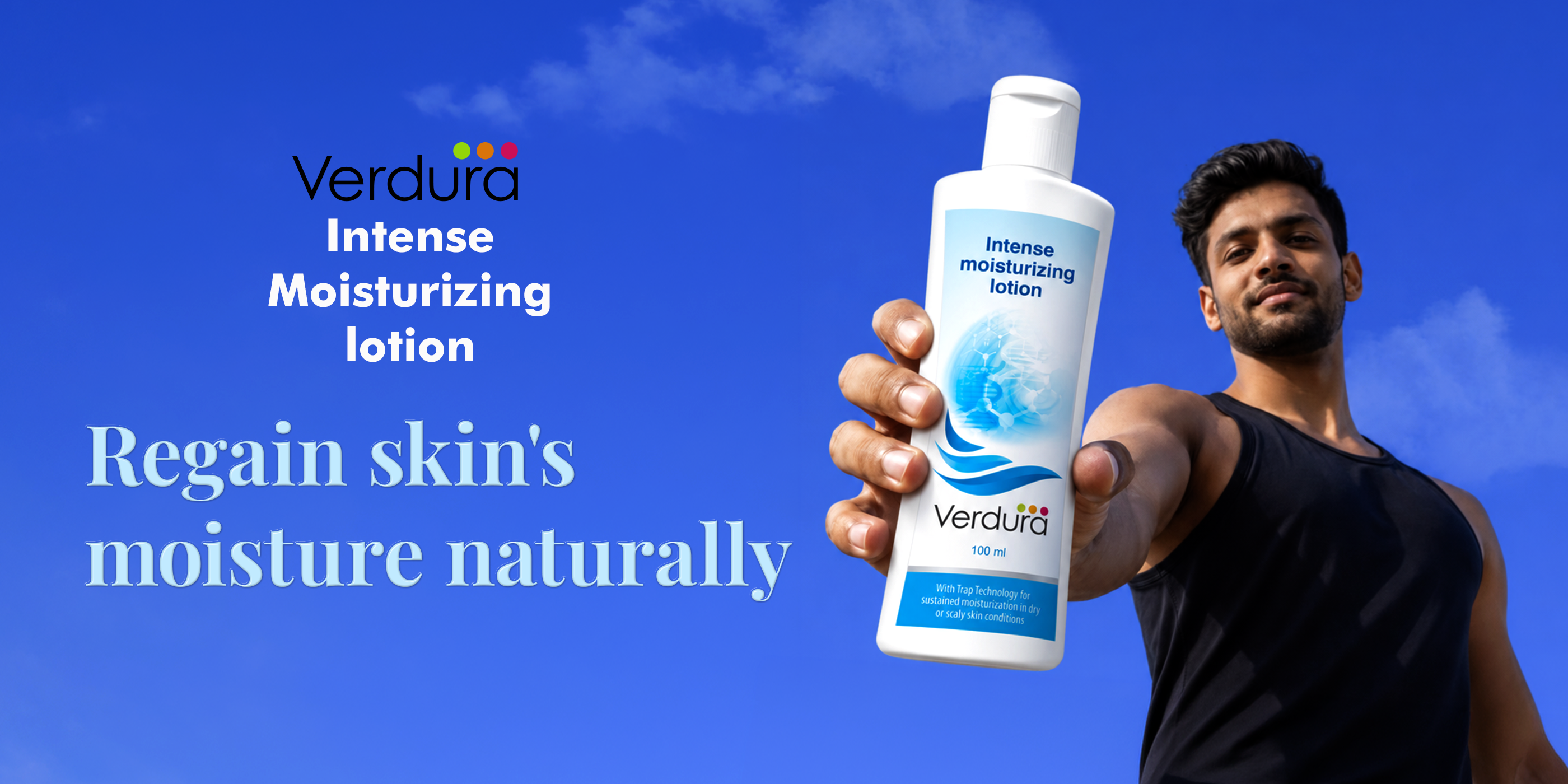 A man in a black tank top holds up a bottle of Verdura Intense Moisturizing Lotion against a bright blue sky background with clouds. The left side features product text reading 'Verdura Intense Moisturizing lotion' and 'Regain skin's moisture naturally'.