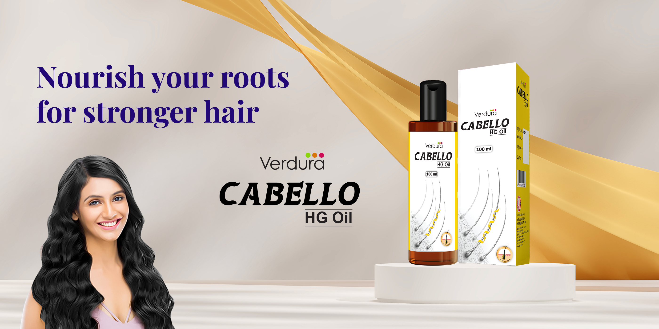 Verdura Cabello hair oil bottle and box with a woman | Best hair growth oil