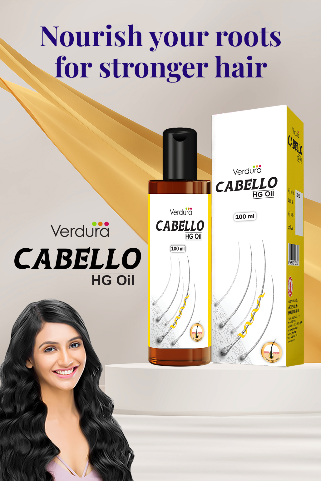 Verdura Cabello hair oil bottle and box with a woman | Best hair growth oil