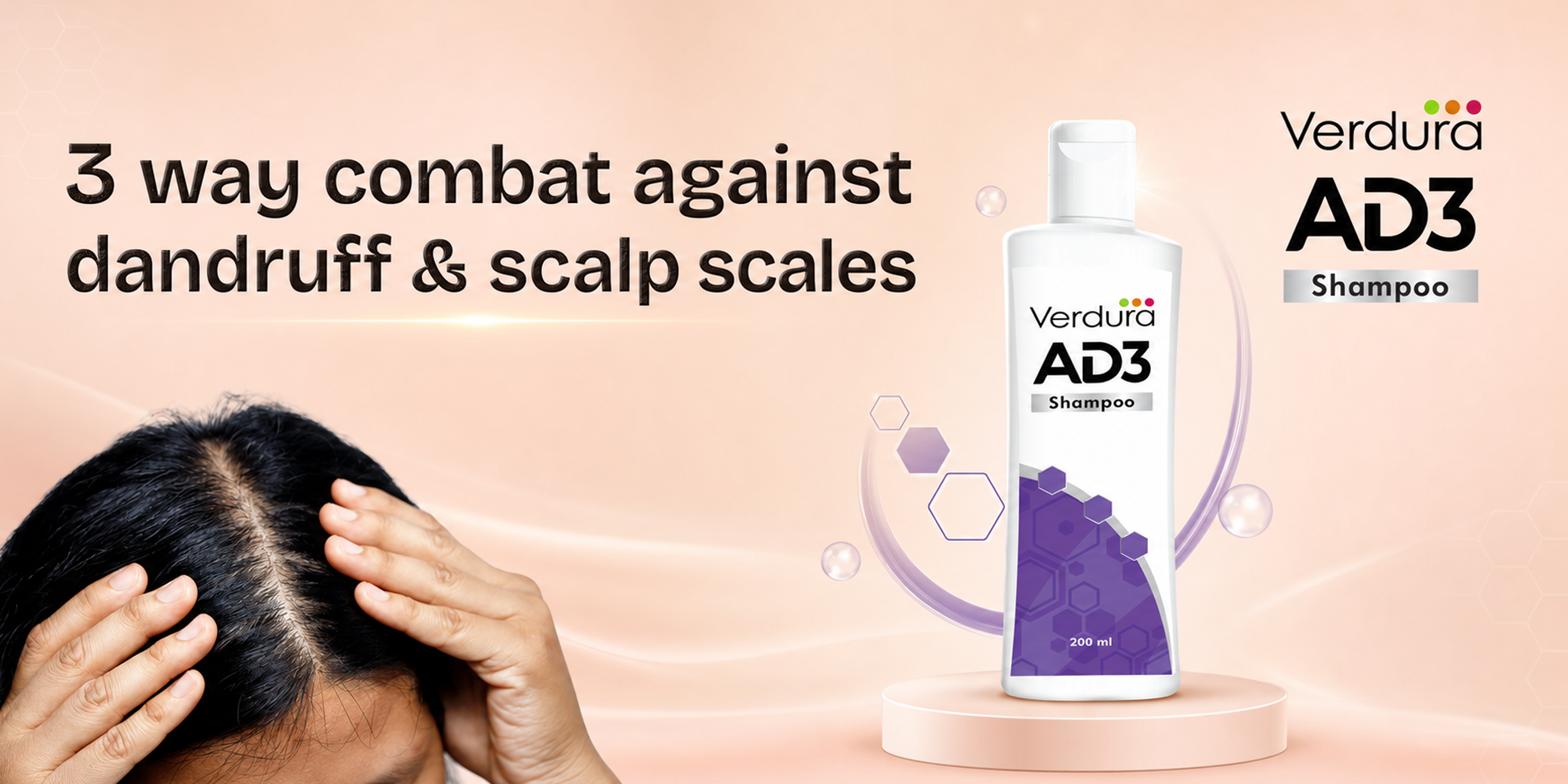 Verdura AD3 - best shampoo for dandruff and hair fall control, 200ml bottle combats dandruff and scalp scales, person massaging scalp